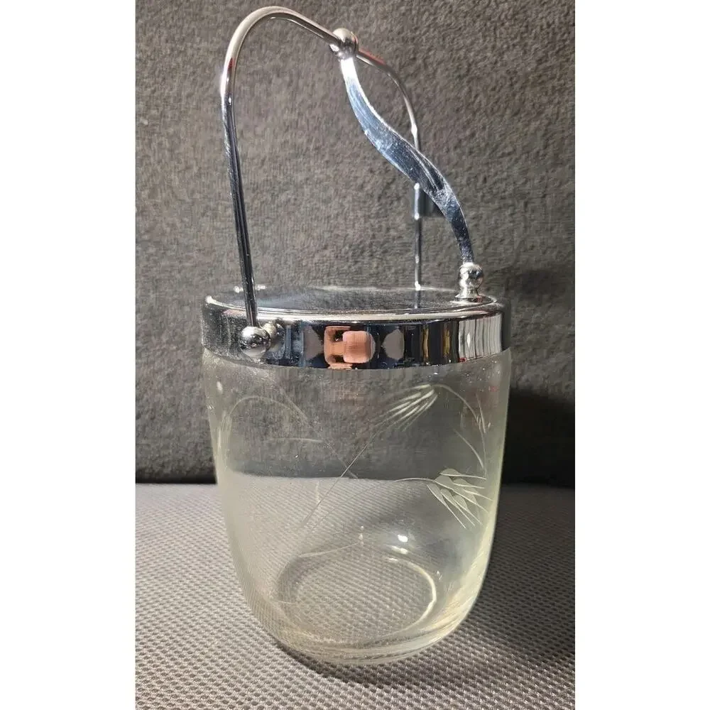 Vntg Mid-Century Ice Bucket Etched Glass Wheat Design Silver Lid